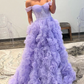 Lavender A-line Off-the-Shoulder Ruffle Layers Long Prom Dress Y2715