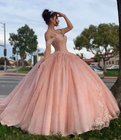 Pink Quinceanera Off Shoulder Lace Appliques Ball Gown Y2734