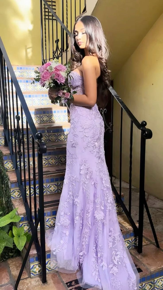 Purple Strapless Tulle Lace Appliques Evening Dress Mermaid Prom Dress Y7910