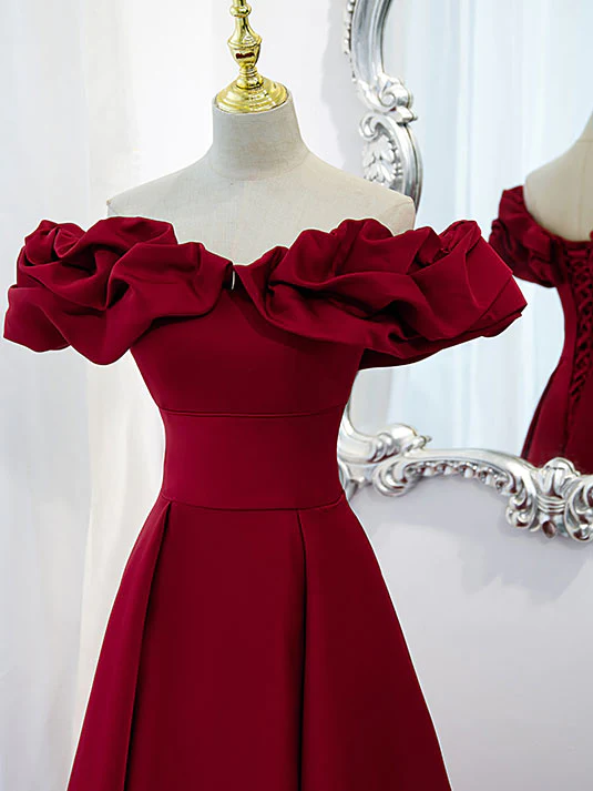Burgundy A-Line Off Shoulder Satin Homecoming Dress ,Y2506