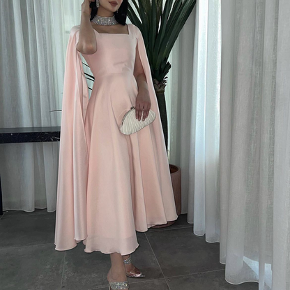 Elegant Long Pink Prom Dresses A Line Square Collar Chiffon Cape Ankle Length Short Party Gown for Women Y4612
