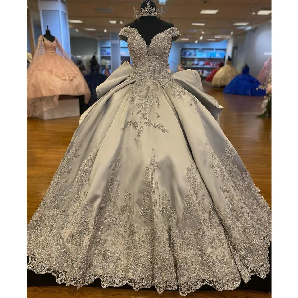 Luxurious Off The Shoulder Silver Quinceanera Dress,Silver Ball Gown Y1157