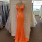 Elegant Mermaid V Neck Orange Long Prom Dresses Y4188