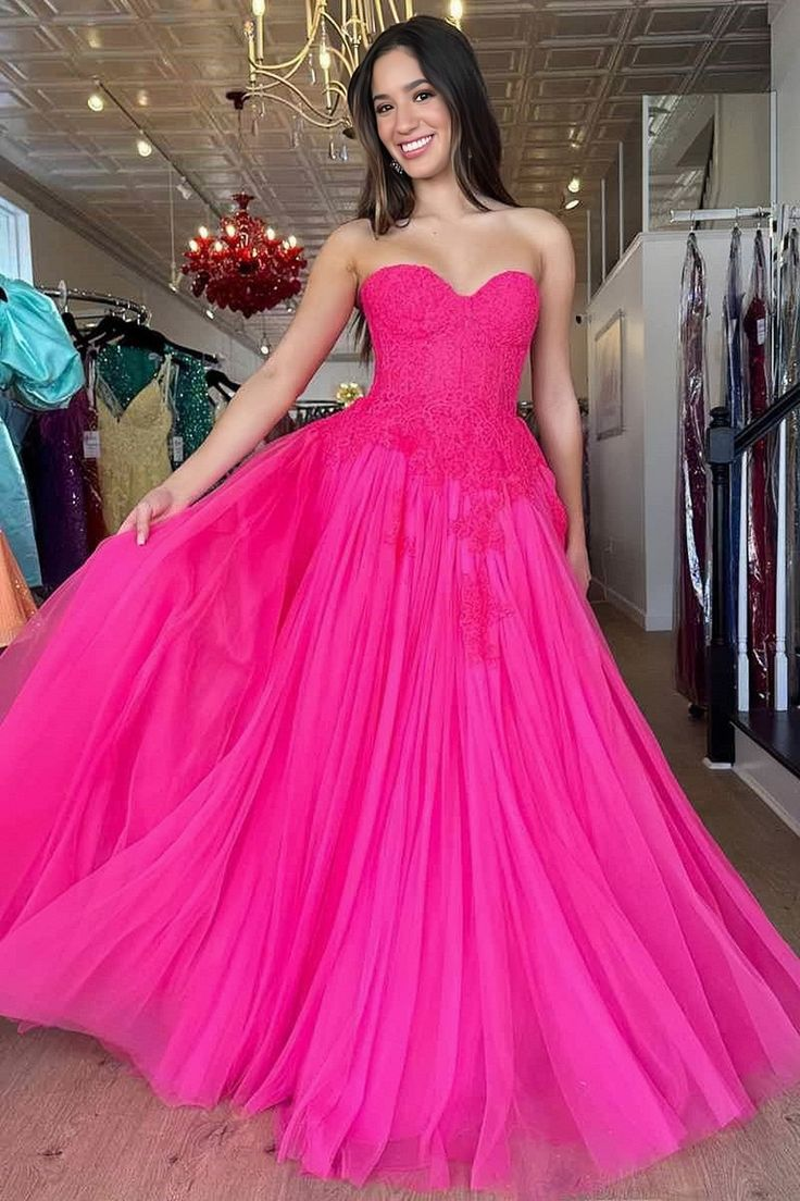Hot Pink Tulle Sweetheart Appliques Prom Dress Y4968