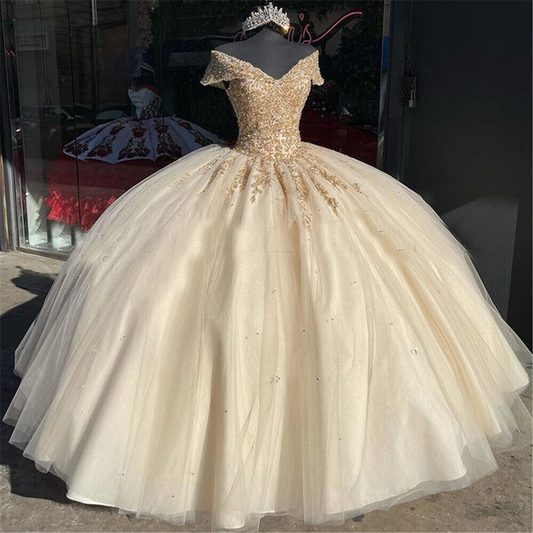 Off the Shoulder Quinceanera Dresses Champagne Lace Appliqued Beaded Ball Gown Y4148