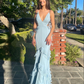 Glamour Mermaid V Neck Blue Long Prom Dress,Blue Formal Gown Y2143