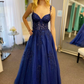 Navy Blue Appliques Sweetheart A-Line Long Prom Dress Y6449