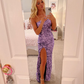 Elegant Purple Sequins Floor Length Prom Dress with Split Y4012