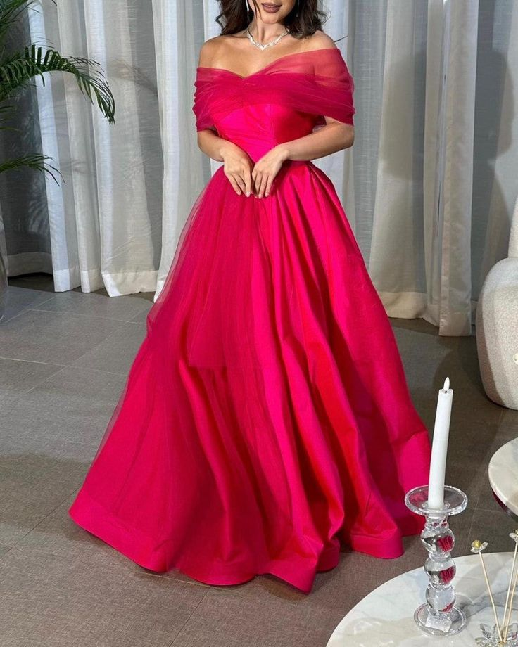 Off The Shoulder Hot Pink A-Line Evening Prom Dress Y6554