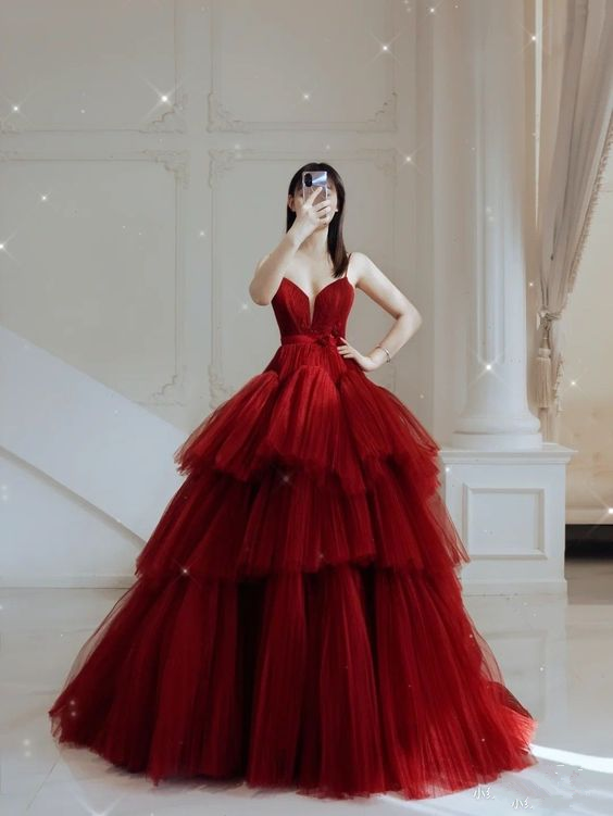 A-line Red Multi Tulle Prom Dress,Red Princess Dress Y4651