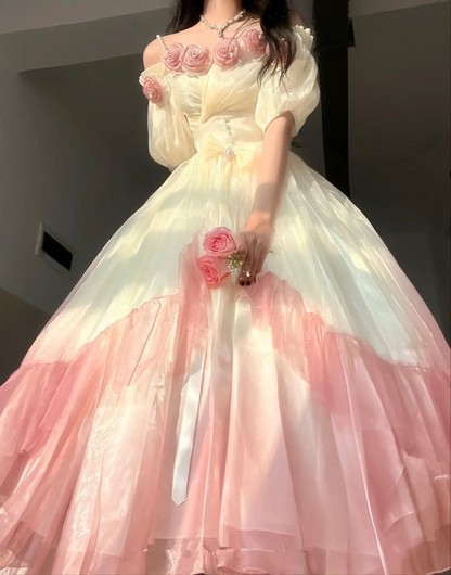 Roses Flowers Masquerade Prom Dress Champagne Pink Gradient Floral Wedding Dress Vintage Princess Dress with Pearls Y2401