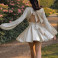 White A-line Homecoming Dress with Long Sleeves,White Birthday Party Dress,Y2516