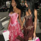 Vintage Hot Pink Lace Chiffon Ruffles Evening Dress,Strapless Prom Dress Y8252