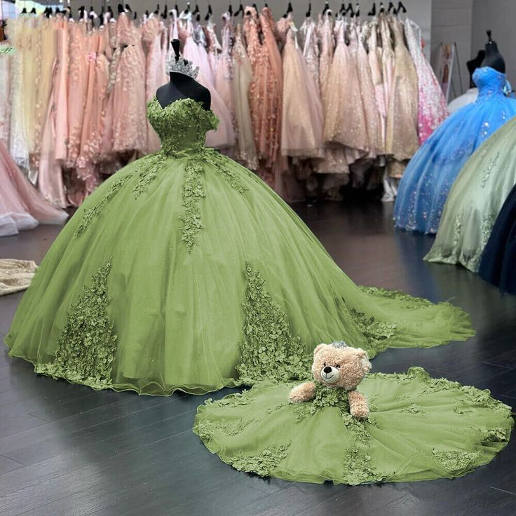 3D Flower Green Ball Dress Off Shoulder Sweet 15 Birthday Party Y4267