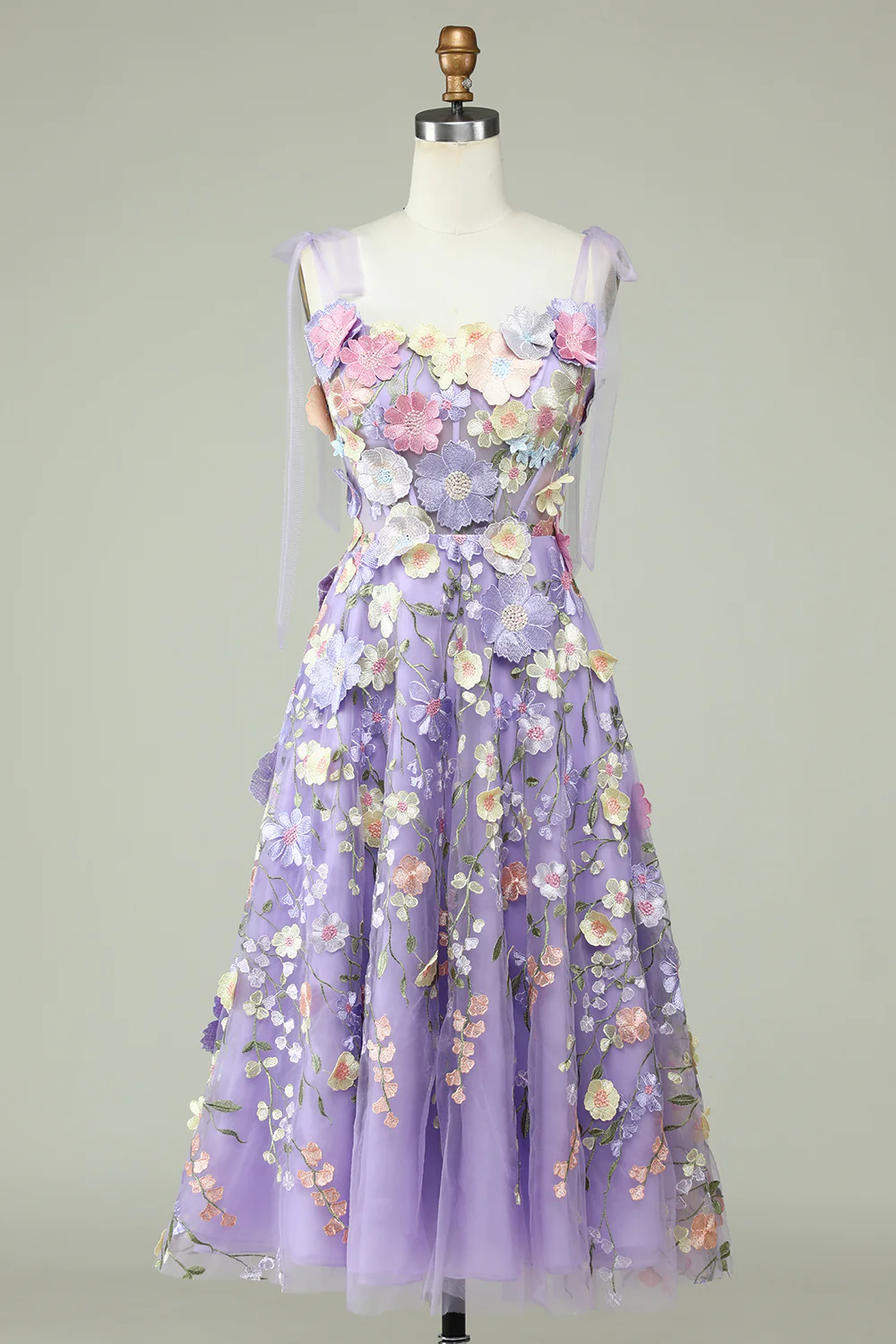 A Line Spaghetti Straps Lavender Tea Length Prom Dress With 3D Flowers Y4042