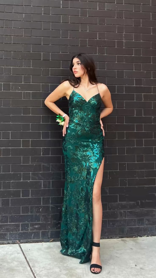 Stunning Emerald Green Sheath Prom Dress With Slit,Backless Evening Dress Y5325