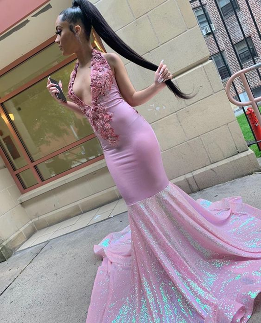 Pink Halter Neck Long Prom Dress For Black Girls Appliques Birthday Party Gowns Sequin Mermaid Evening Dress Y6379