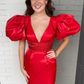 Red Satin Homecoming Dress with Puff Sleeves,Red Party Dress  Y2296