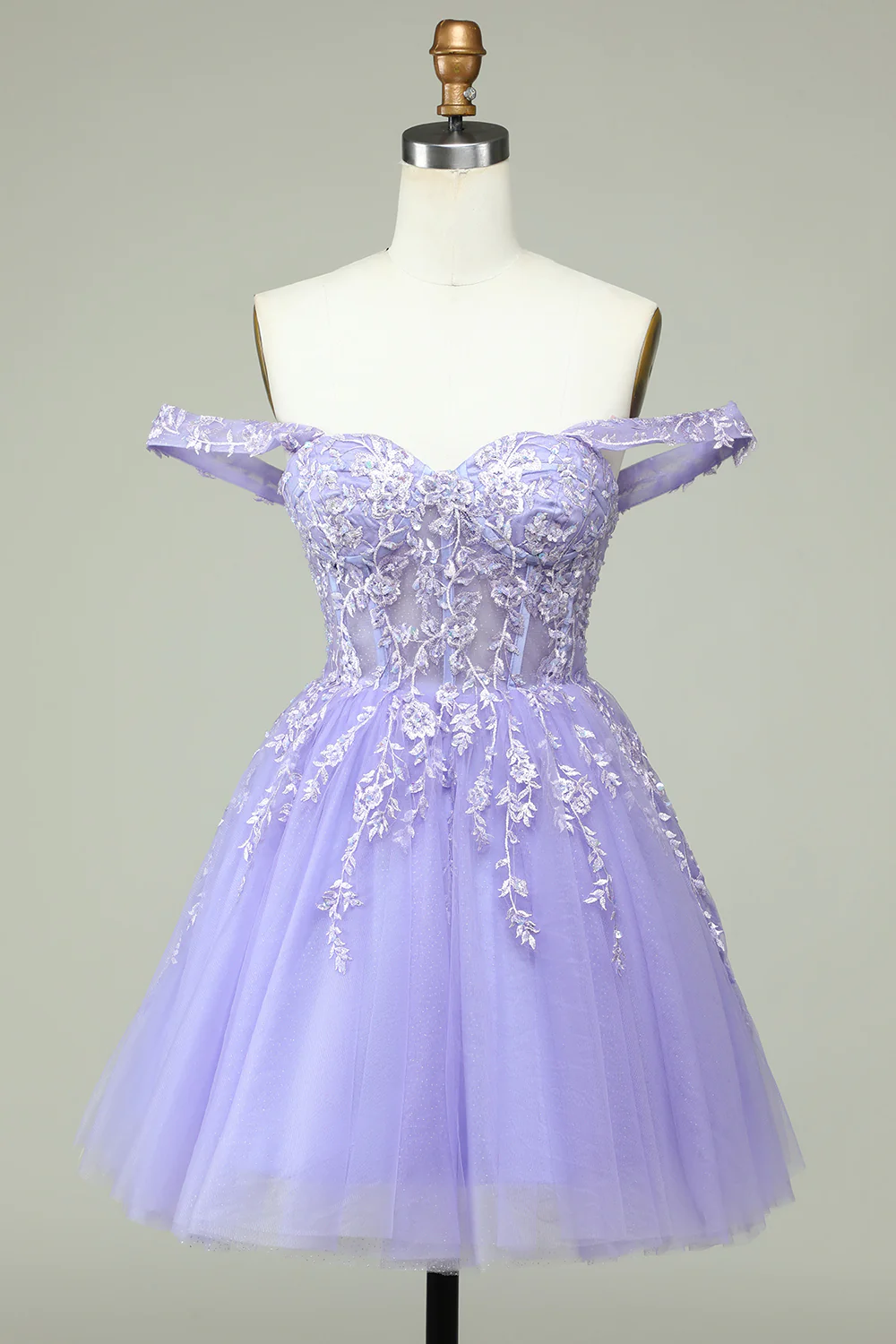 A Line Off the Shoulder Lilac Corset Homecoming Dress with Appliques Y2168