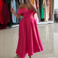 Pink Midi Length Formal Dress Off the Shoulder Satin Prom Dresses Y5446