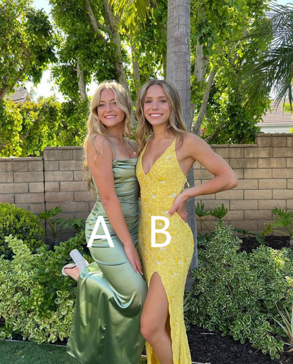 Different styles of dresses, Sage Green Satin Long Prom Dress, Yellow V Neck Prom Dress with Split Y3058