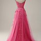 A Line Spaghetti Straps Hot Pink Prom Dress With Appliques Y2800