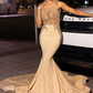 Beautiful Long Champagne Mermaid Sleeveless Beading Prom Dress With Lace Y4216