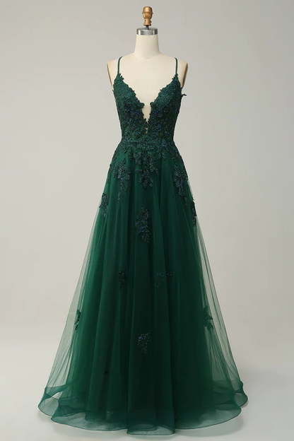 Hunter Green Plunging V Neck Appliques Lace-Up A-line Long Prom Dress Y4243