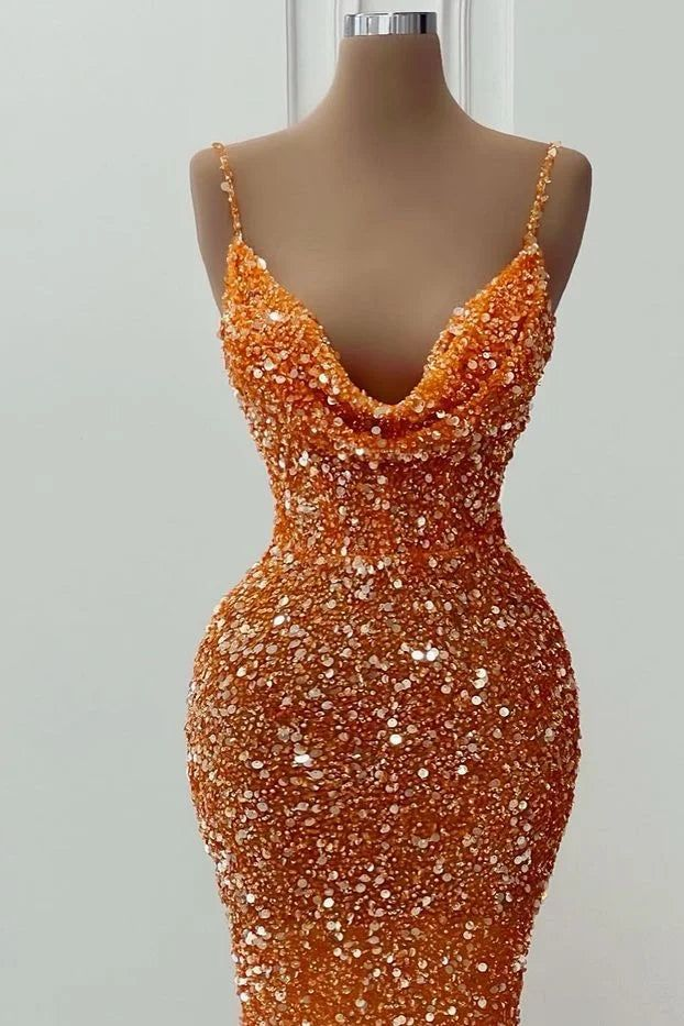Spaghetti Straps Sparkly Evening Dress Orange Glitter Mermaid Prom Dress Y6105