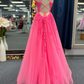 Hot Pink Tulle Appliques Lace-Up A-Line Long Prom Dress Y2791