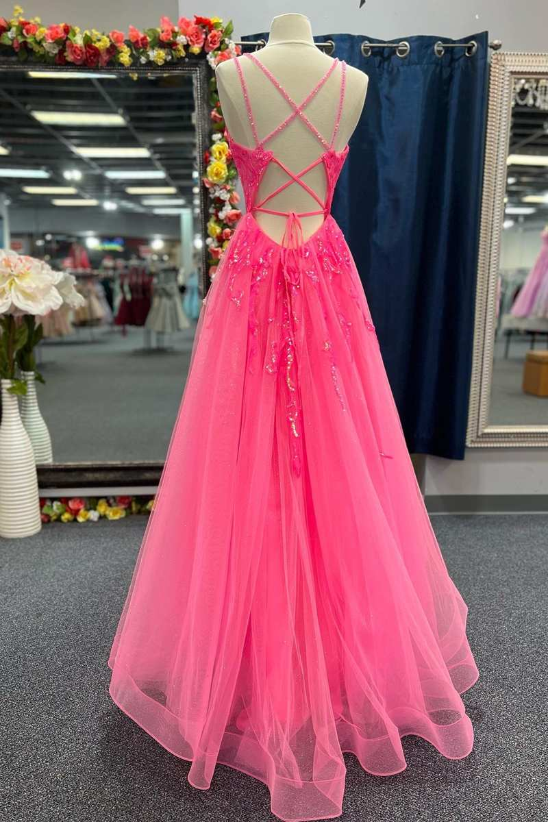 Hot Pink Tulle Appliques Lace-Up A-Line Long Prom Dress Y2791