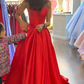 Classic Red A-line Satin Prom Dress With Pockets Y7164