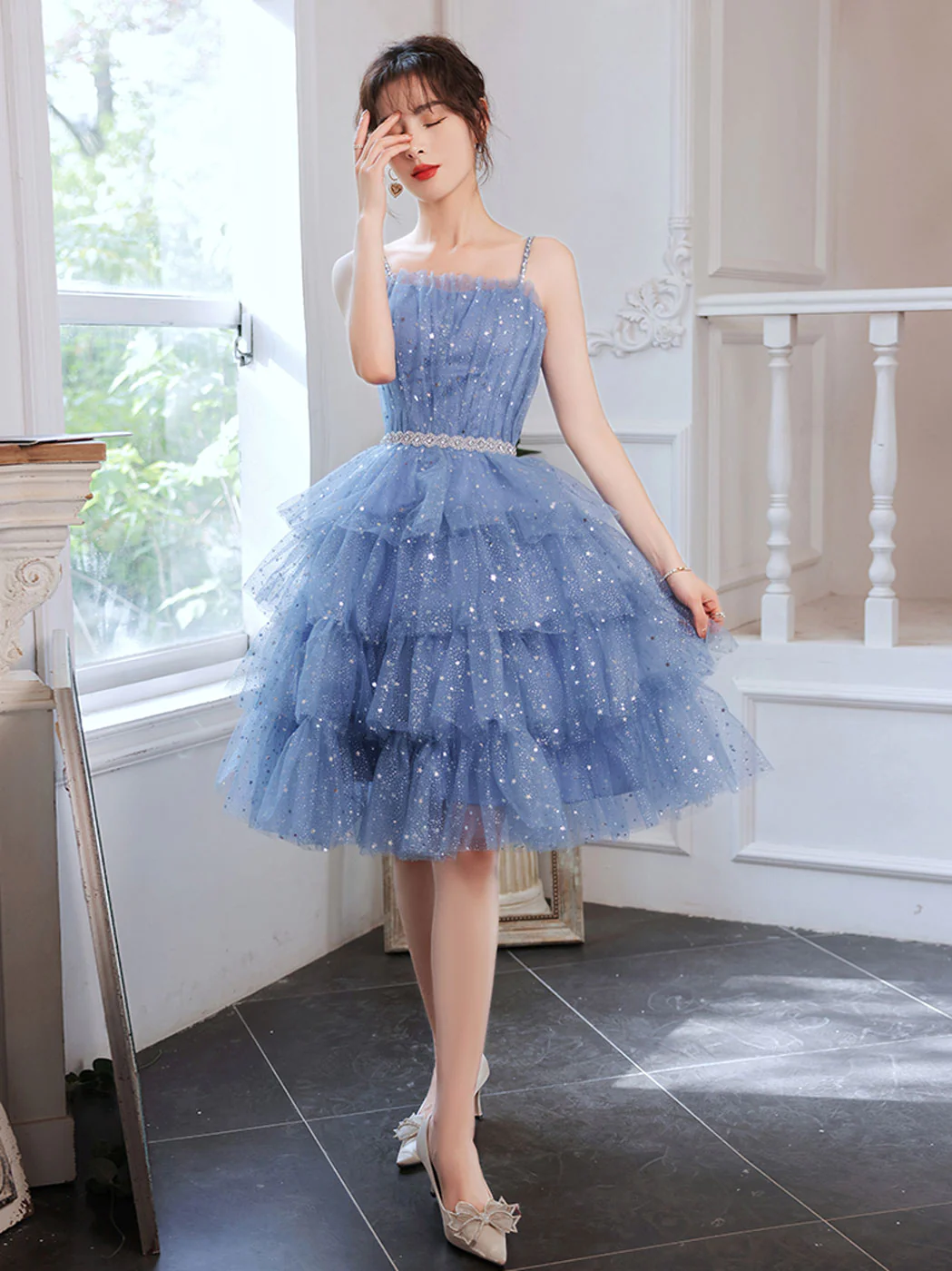Short Puffy Blue Prom Dress,Tulle Short Blue Puffy Homecoming Dress Y2620