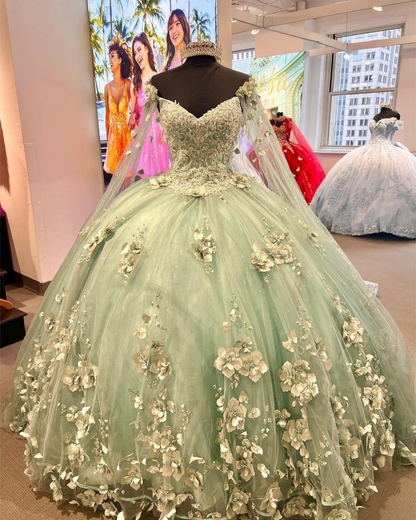 Mint Green Tulle Ball Gown with 3D Flowers,Sweet 16 Dress,Princess Dress,Quinceanera Dress   Y2252