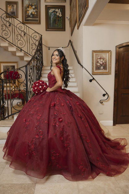Burgundy Ball Gown With Flowers,Sweet 16 Dress, Burgundy Quinceanera Dress  Y2345