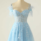 Light Blue Appliques Cold-Shoulder A-Line Short Homecoming Dress Y2672