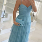 Charming A Line V Neck Blue Multi Tulle Long Prom Dresses Y4821