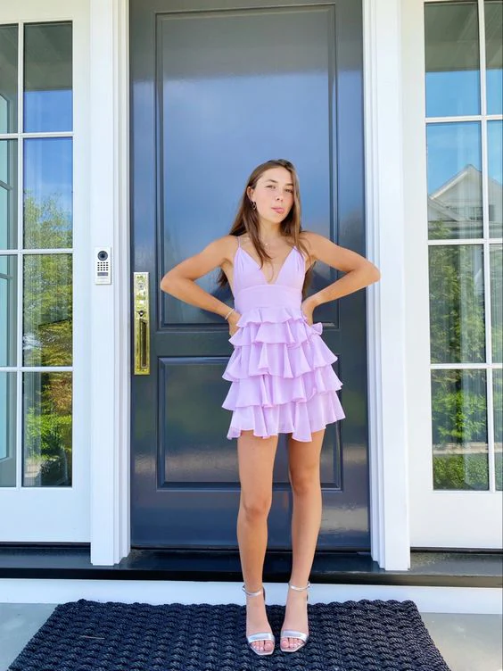 A-line V Neck Light Lavender Short Homecoming Dress Layered Cute Homecoming Dress Y2721