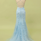 Mermaid Spaghetti Straps Light Pink Long Prom Dress with Appliques Y2316