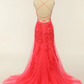 Mermaid Spaghetti Straps Light Pink Long Prom Dress with Appliques Y2316