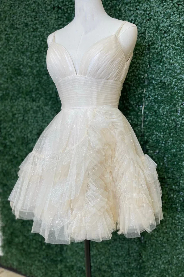 Ivory Straps A-line Short Ruffles Homecoming Dress Y2778