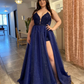 A-line Navy Blue Sparkly Unique Party Modest Formal Long Prom Dresses  Y4848