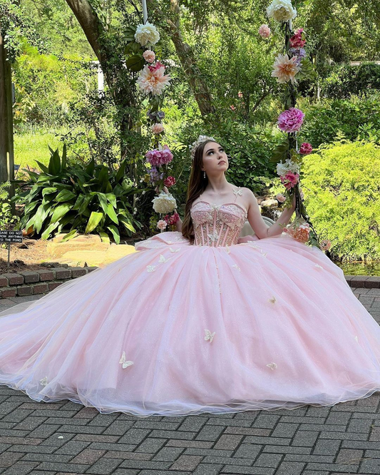 Glamorous Pink Sweet 16 Dress,Pink Ball Gown With Butterflies,Pink Tulle Princess Dress  Y2336