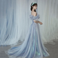 Romantic tulle long A line prom dress blue evening gown Y6572