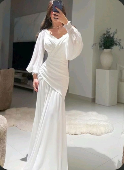 Modest White Mermaid Long Evening Dress with Puff Sleeves Y4074