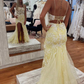 Yellow Floral Lace Backless Mermaid Long Prom Dress with Slit Y2394