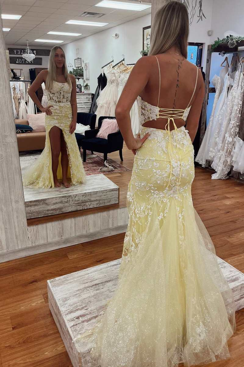 Yellow Floral Lace Backless Mermaid Long Prom Dress with Slit Y2394