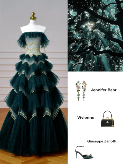 Vintage Dark Green Tulle Sequins Layered A Line Prom Dress,Strapless Evening Dress Y8606