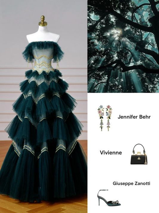 Vintage Dark Green Tulle Sequins Layered A Line Prom Dress,Strapless Evening Dress Y8606