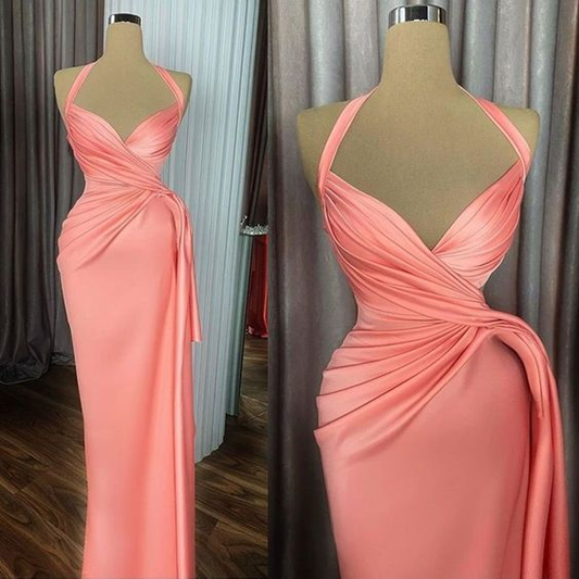 Peach Prom Dress,Pleats Prom Dress,Halter Prom Dress,Satin Evening Dress Y6619